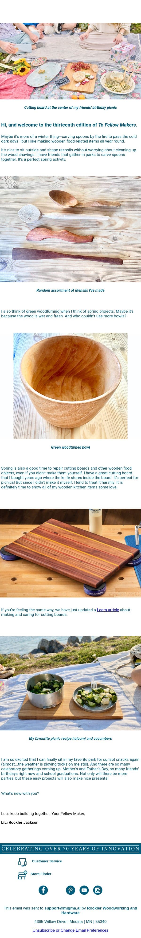 To Fellow Makers: Life's a Picnic! email from Rockler screenshot