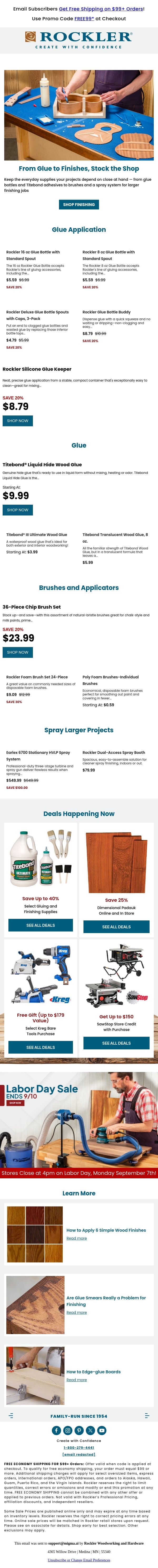 Finish Strong: Save on Glue, Finishing & Shop Essentials email from Rockler screenshot