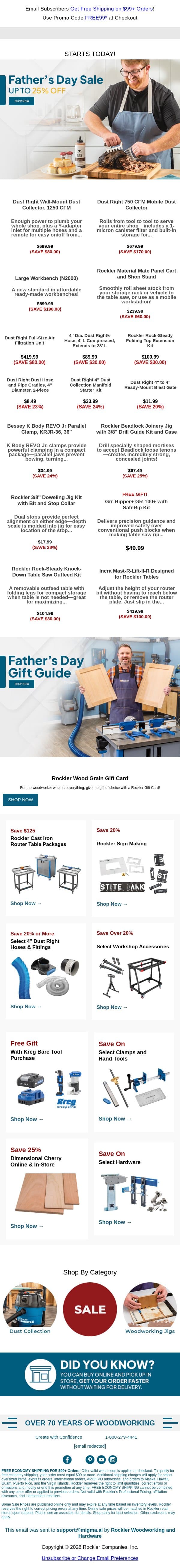 Our Father's Day Sale Starts Now! email from Rockler screenshot