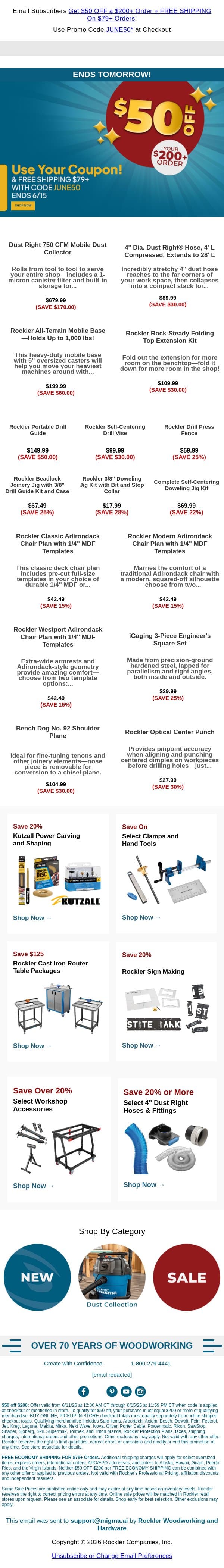 Ends Tomorrow: $50 Off $200+ & Free Shipping on $79+! email from Rockler screenshot