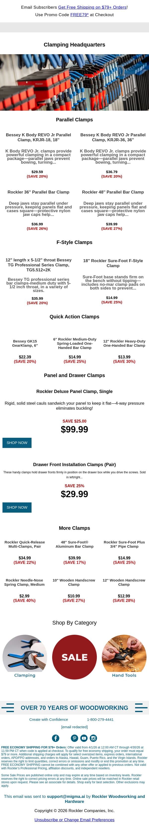 Our Best Clamp Deals — Up to 40% Off! email from Rockler screenshot