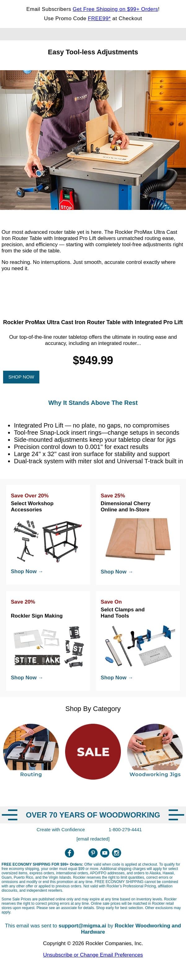 Easy Tool-Free Adjustments — Meet the New Rockler ProMax Ultra Cast Iron Router Table! email from Rockler screenshot