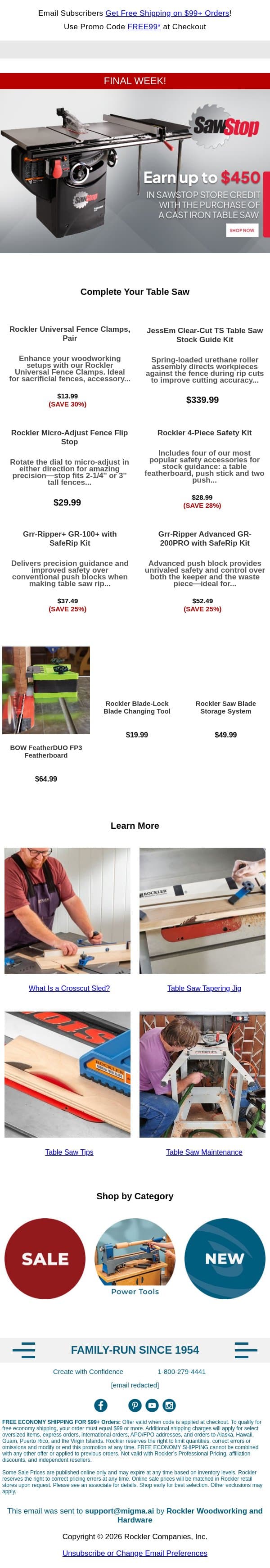 One Week Left: Earn Up to $450 in SawStop Store Credit email from Rockler screenshot