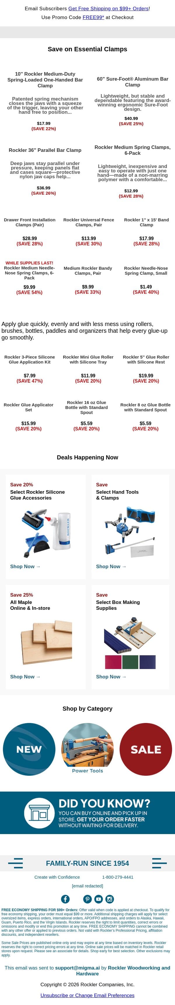 Save on Clamps & Glue-Up Essentials email from Rockler screenshot