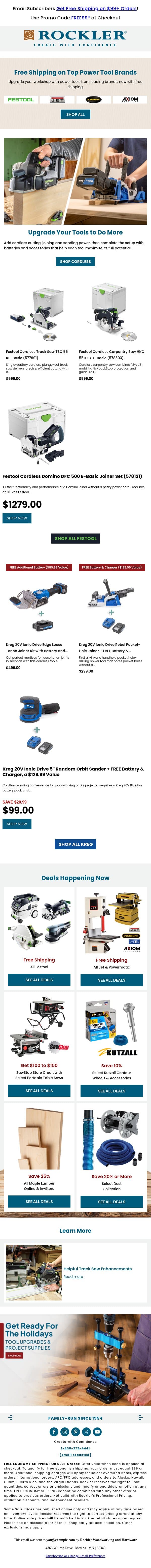 Free Shipping on Festool, Jet, Powermatic, Axiom & Wilton email from Rockler screenshot