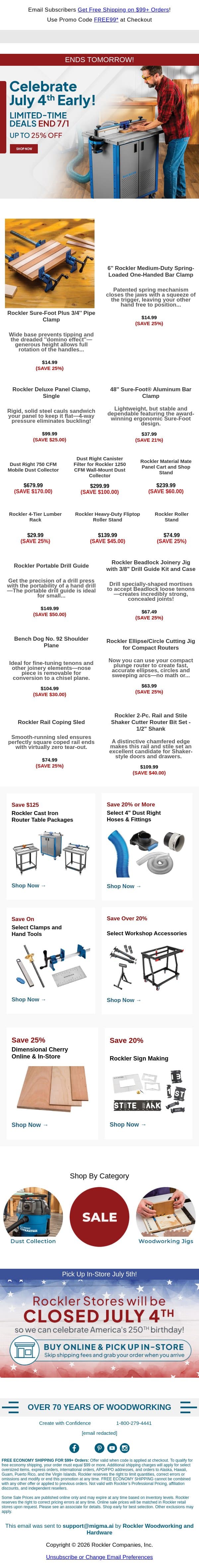 Celebrate July 4th Early! Limited-Time Deals End Tomorrow email from Rockler screenshot