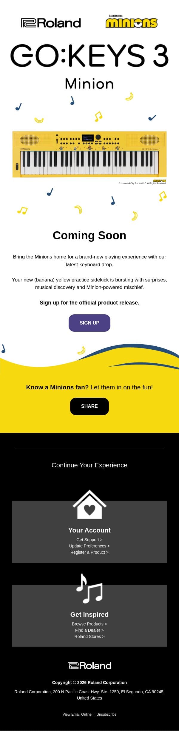 Roland x Minions email from Roland screenshot