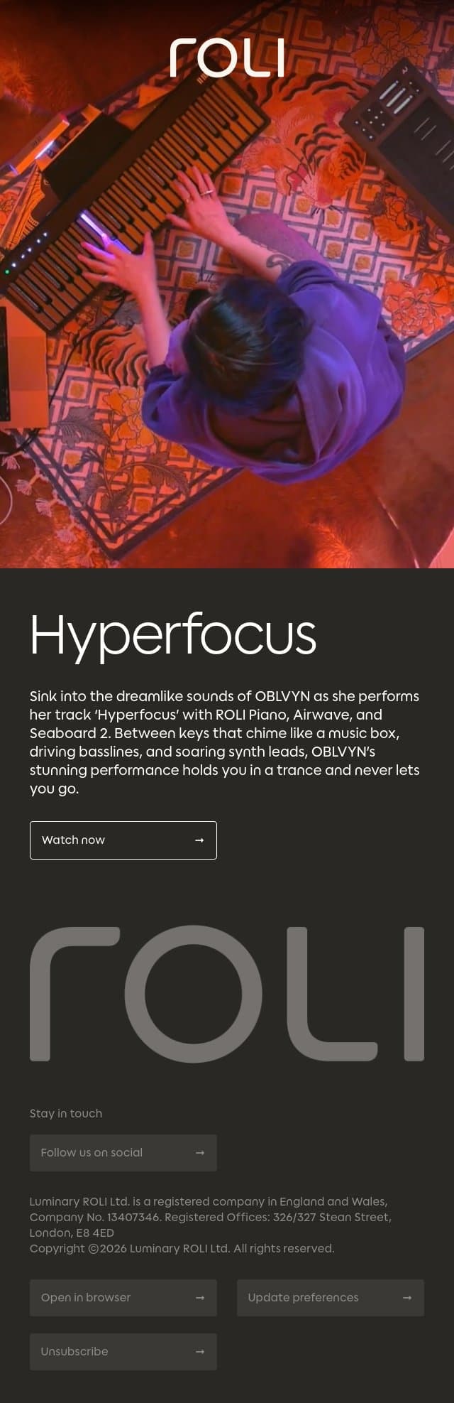 WATCH: OBLVYN performs ‘Hyperfocus’ with Airwave, Seaboard, and ROLI Piano email from Roli screenshot