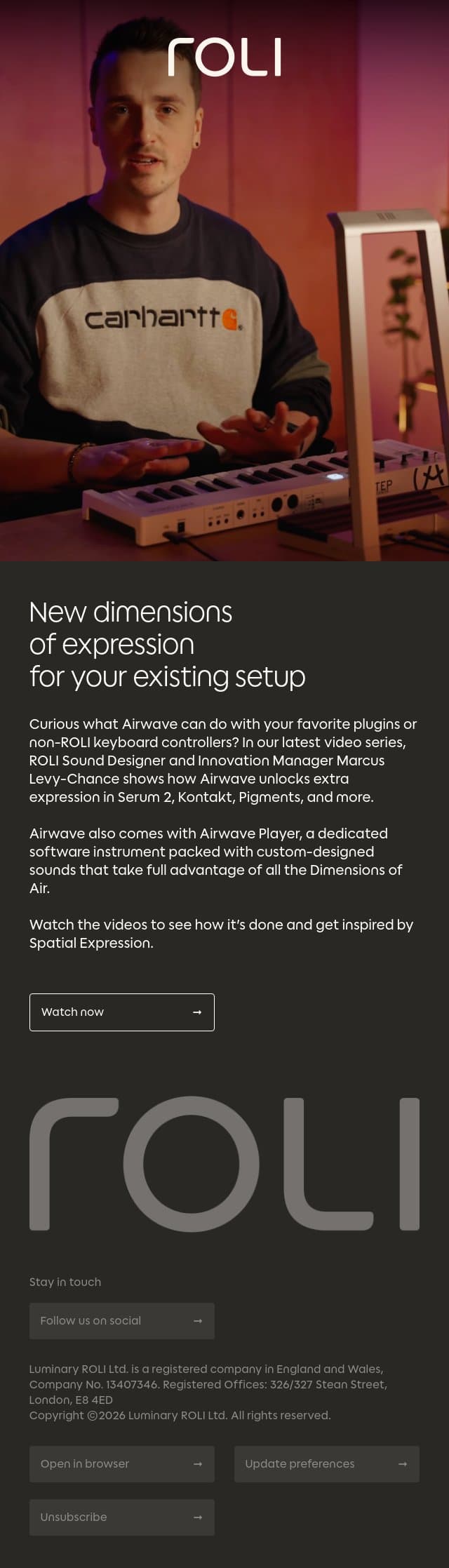 Curious about what Airwave can do for your setup? email from Roli screenshot