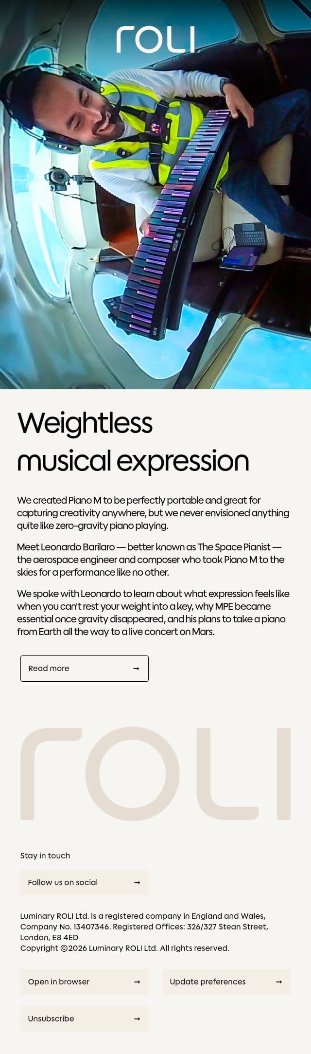 Piano M meets zero-gravity with Leonardo The Space Pianist email from Roli screenshot