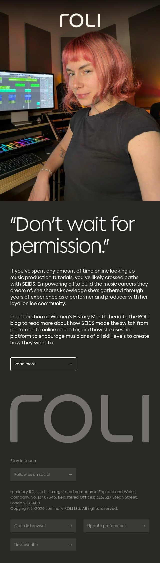 SEIDS empowers all with music production knowledge email from Roli screenshot