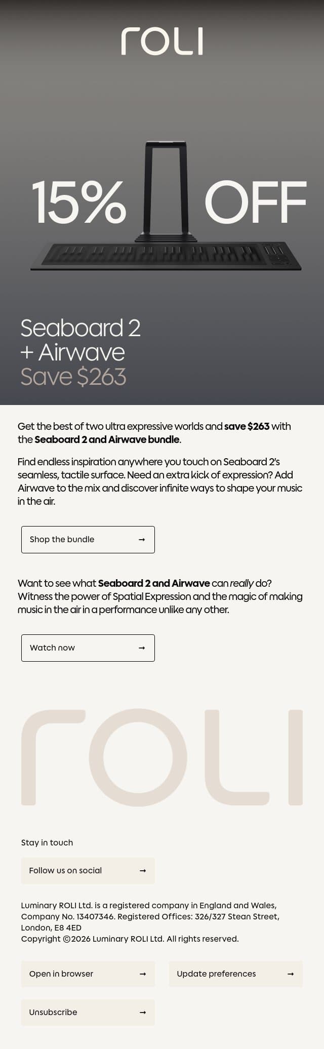 Save $263 on Seaboard 2 + Airwave email from Roli screenshot