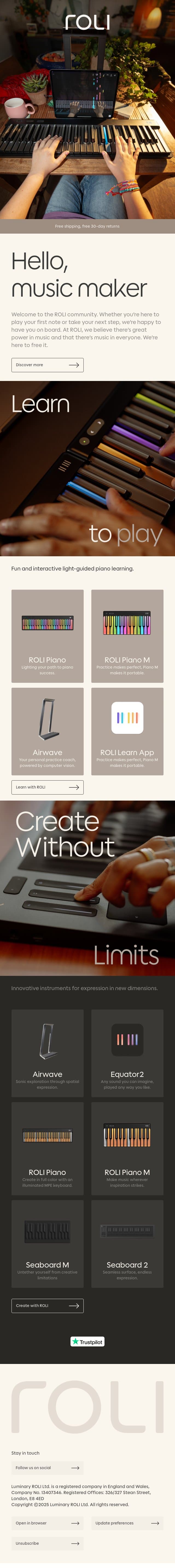 Welcome to ROLI email from Roli screenshot