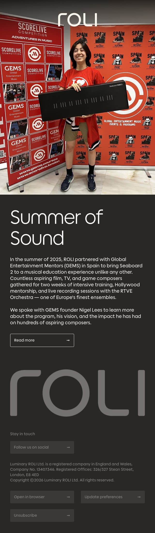 Summer of Sound: Seaboard 2 joins aspiring composers at GEMS email from Roli screenshot