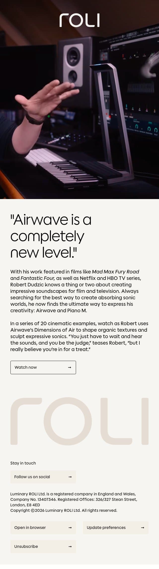 WATCH: Sculpting cinematic sound with Robert Dudzic and Airwave email from Roli screenshot