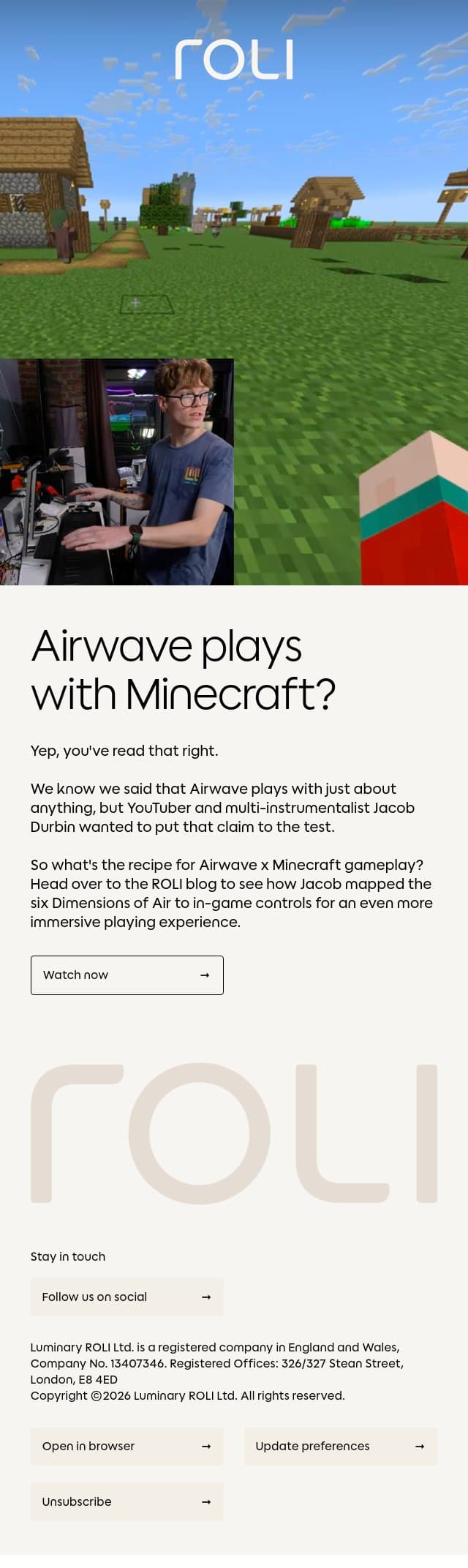 Airwave plays... Minecraft? email from Roli screenshot