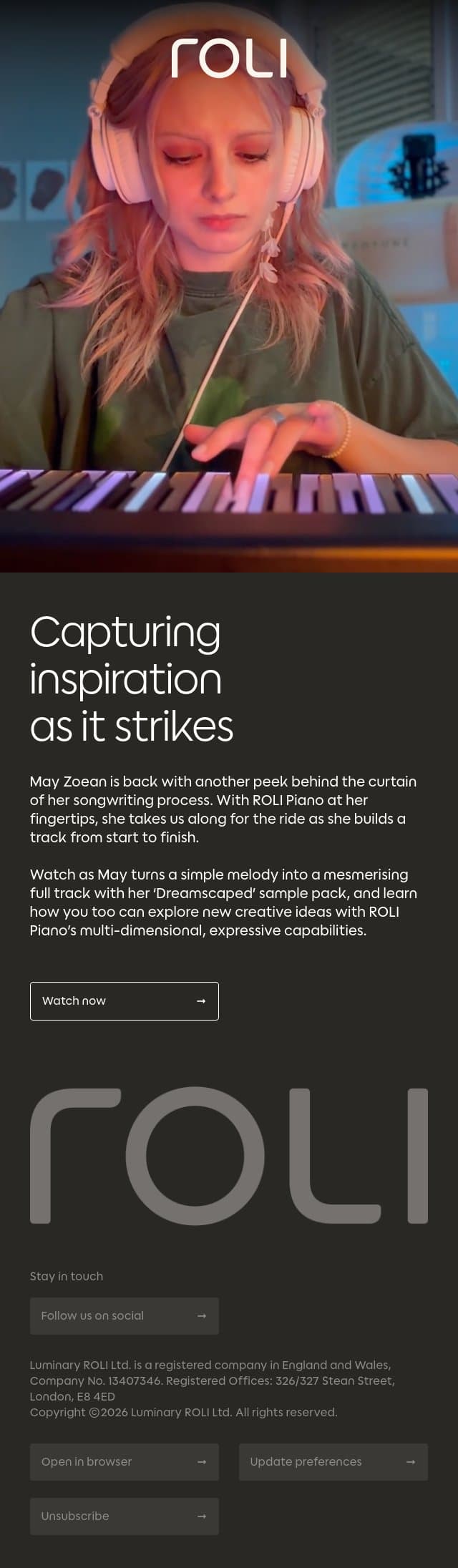 WATCH: May Zoean makes a track from scratch with ROLI Piano email from Roli screenshot