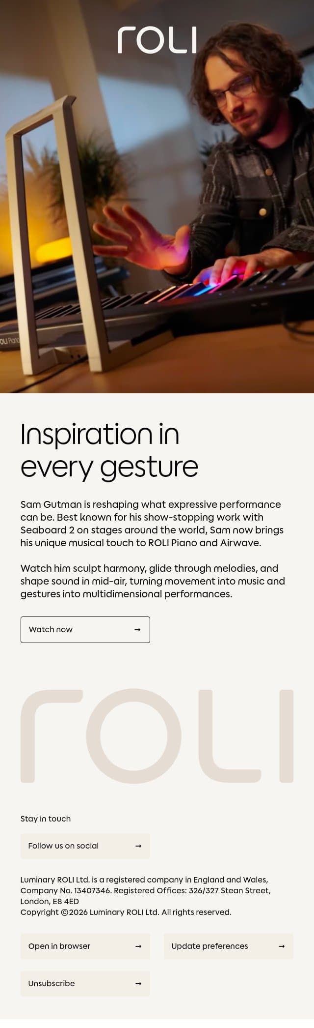 Sam Gutman stuns with Airwave, ROLI Piano & Seaboard 2 email from Roli screenshot