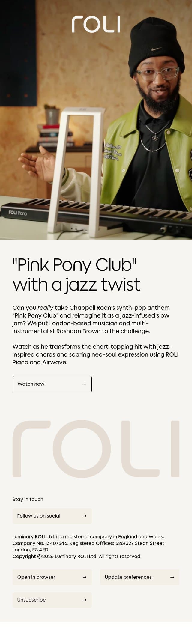 Turning Chappell Roan's 'Pink Pony Club' into a jazz track? 🤔 email from Roli screenshot