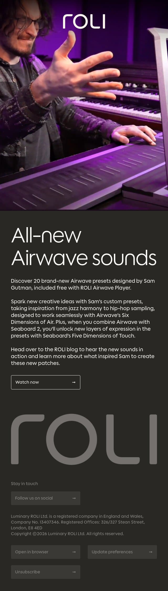 Discover all new sounds for Airwave, designed by Sam Gutman email from Roli screenshot