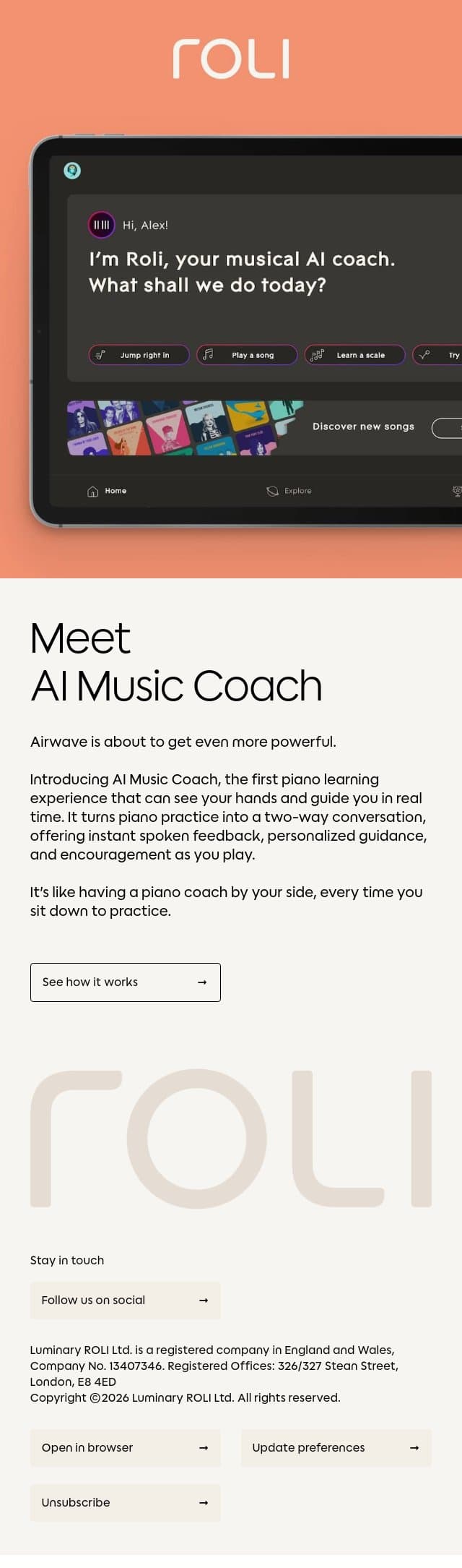 Meet the new AI Music Coach email from Roli screenshot