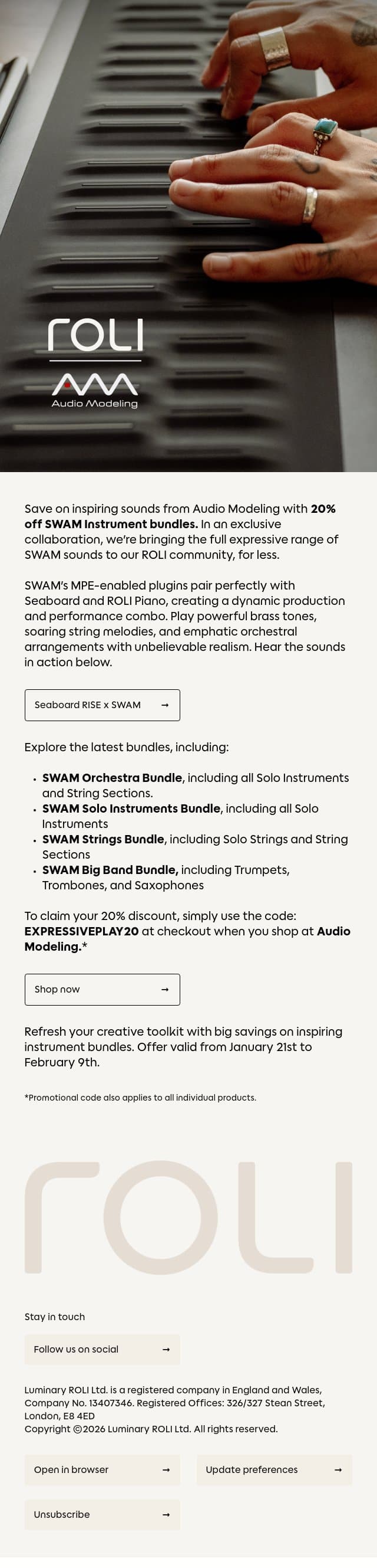 Get 20% OFF SWAM Instrument Bundles email from Roli screenshot