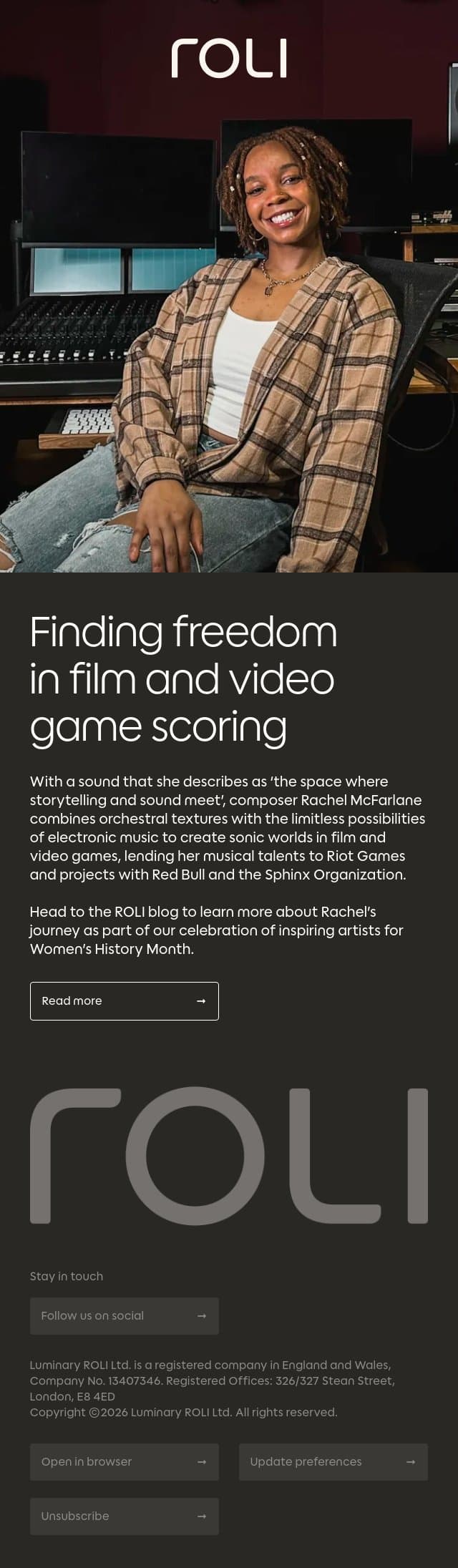 Rachel McFarlane finds freedom in film and video game scoring email from Roli screenshot