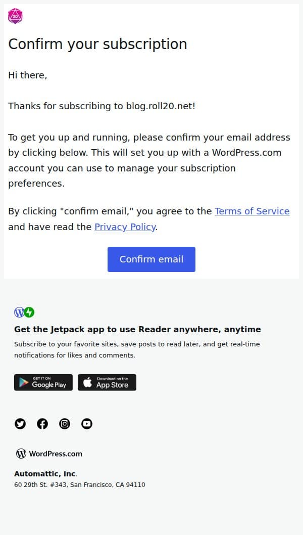 Confirm your subscription email from Roll20 screenshot
