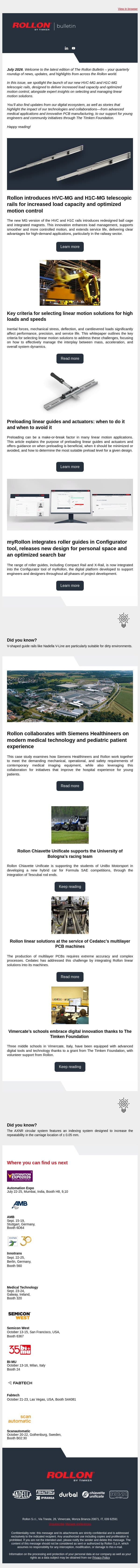 The Rollon Bulletin | July 2026 email from Rollon screenshot