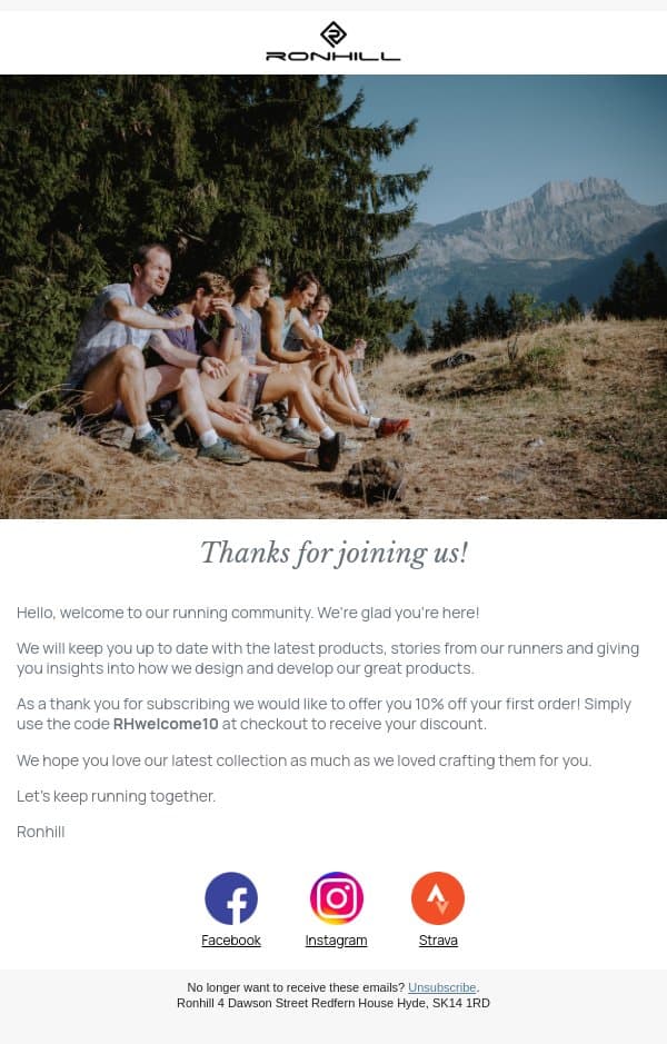 Welcome to Ronhill. Thanks for signing up! email from Ronhill screenshot