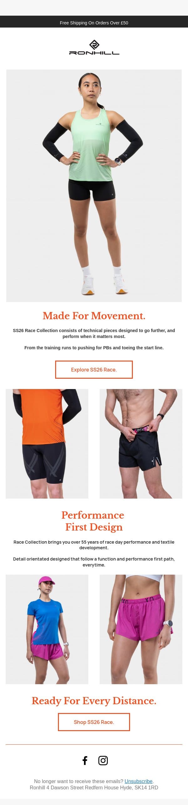 SS26 Race. Designed & Tested With Performance in Mind. email from Ronhill screenshot