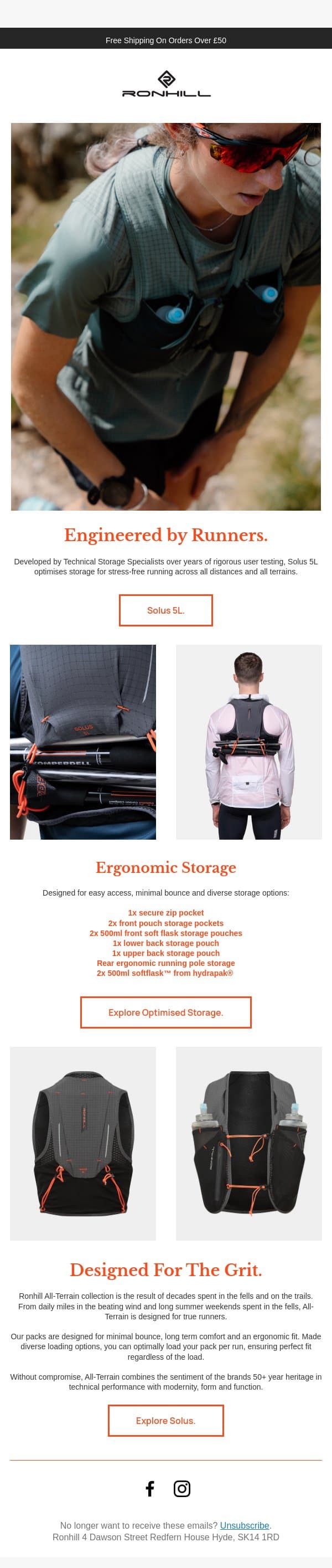 Solus 5L. Ergonomic Design, Engineered For The Grit. email from Ronhill screenshot