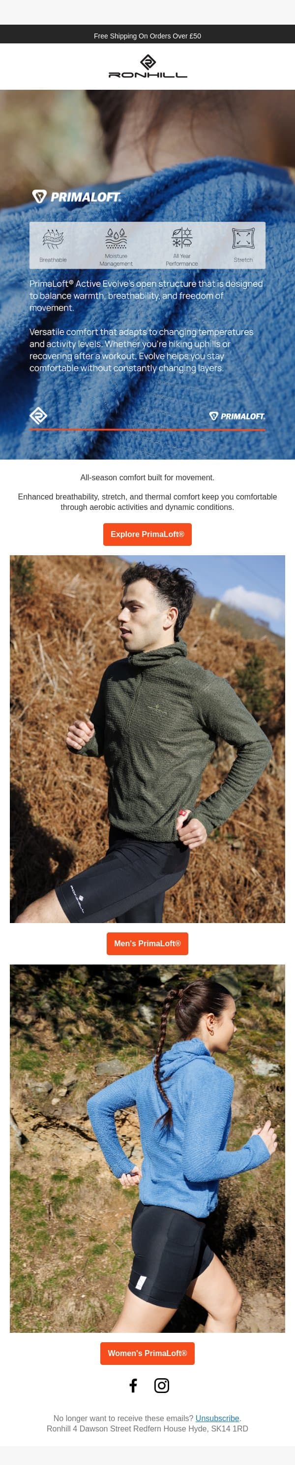 PrimaLoft® Active Evolve - Engineered for all adventures. email from Ronhill screenshot