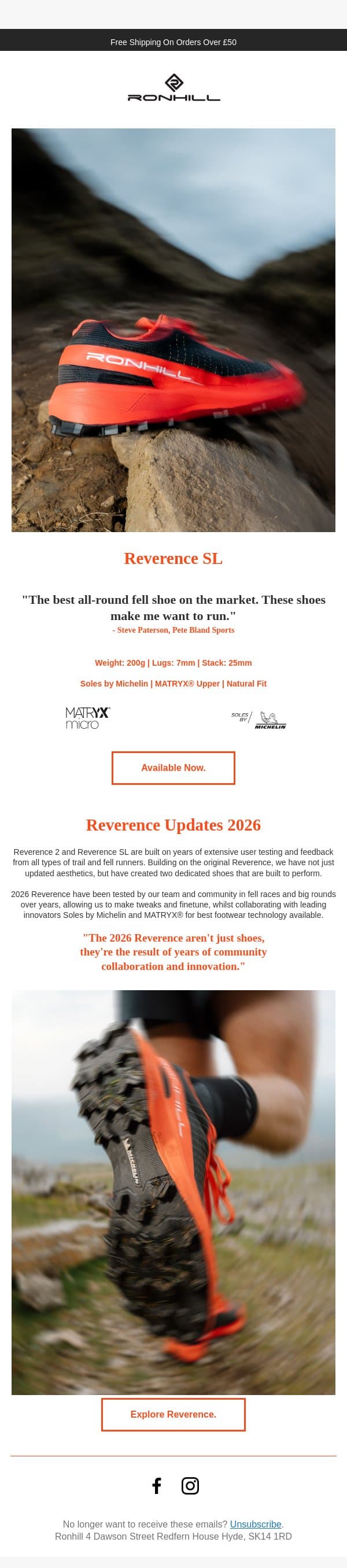 "These shoes just make me want to run." email from Ronhill screenshot