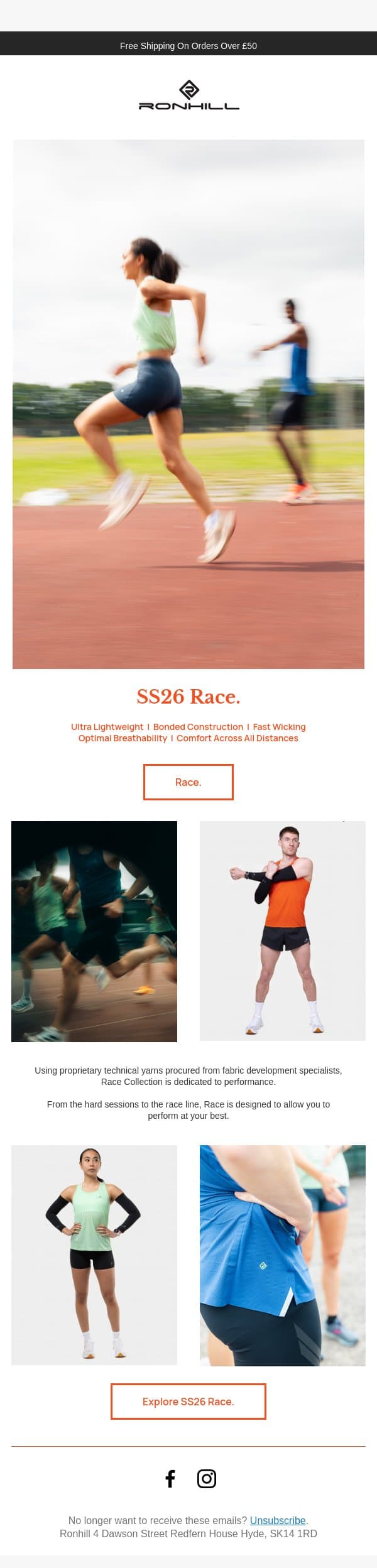 SS26 Race | Engineered For All Runners. email from Ronhill screenshot