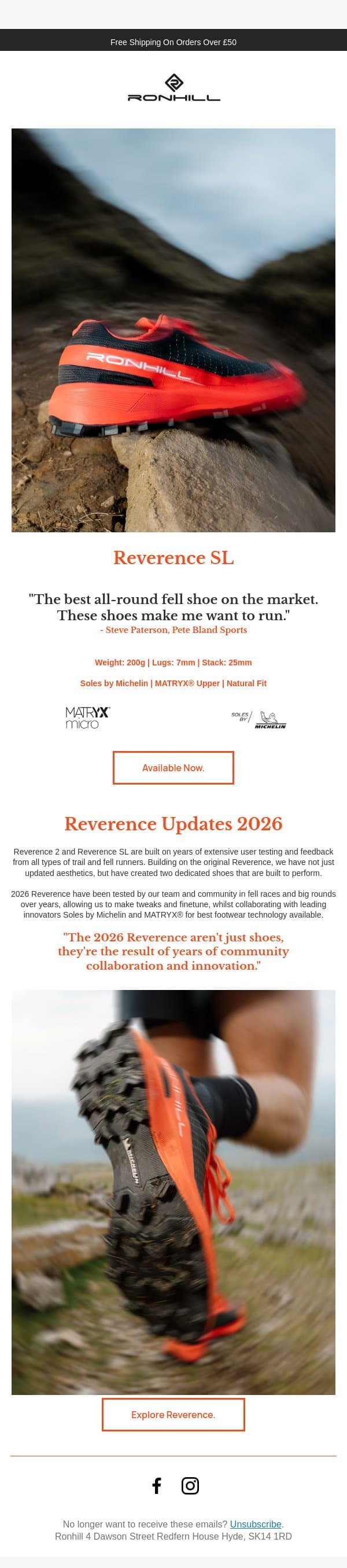 "These shoes just make me want to run..." email from Ronhill screenshot