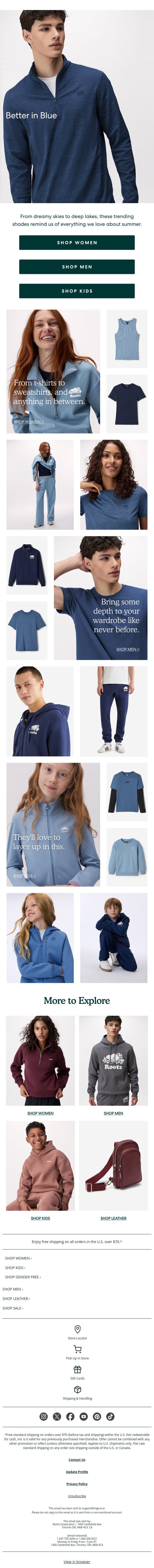 Life's Better in Blue 💙 email from Roots screenshot