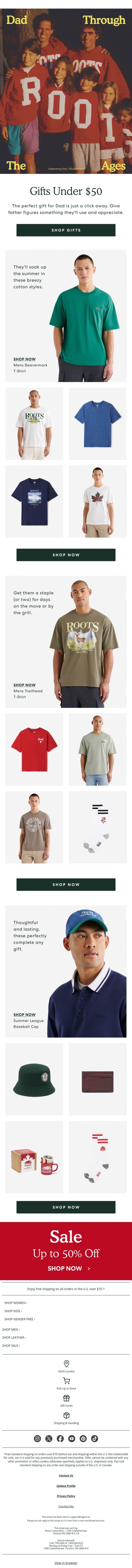 Father's Day Gifts Under $50 email from Roots screenshot
