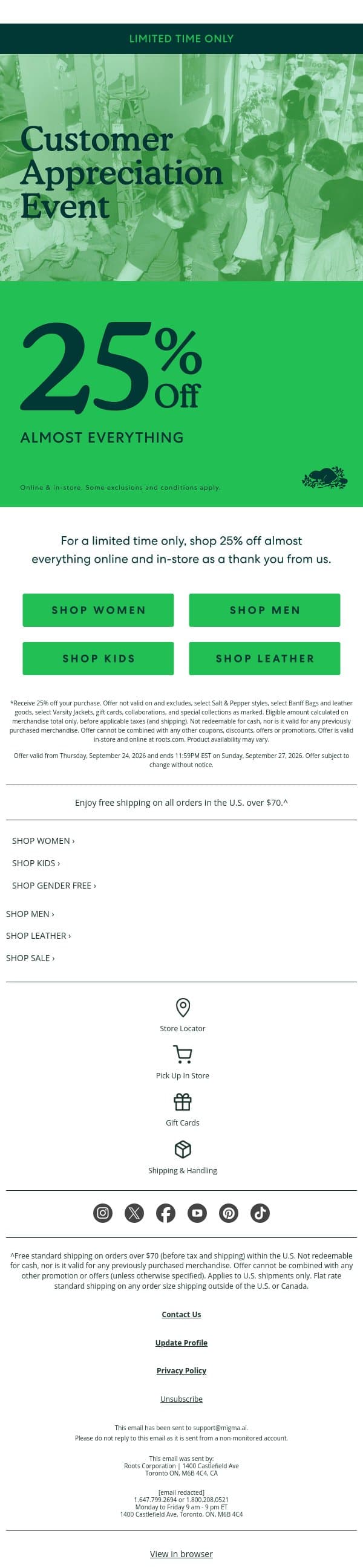 25% OFF SITEWIDE 🚨 Only for Customer Appreciation email from Roots screenshot