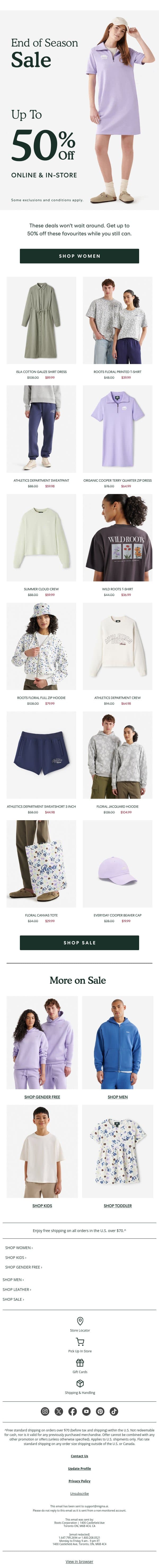 Women’s Sale Styles Are up to 50% OFF! email from Roots screenshot