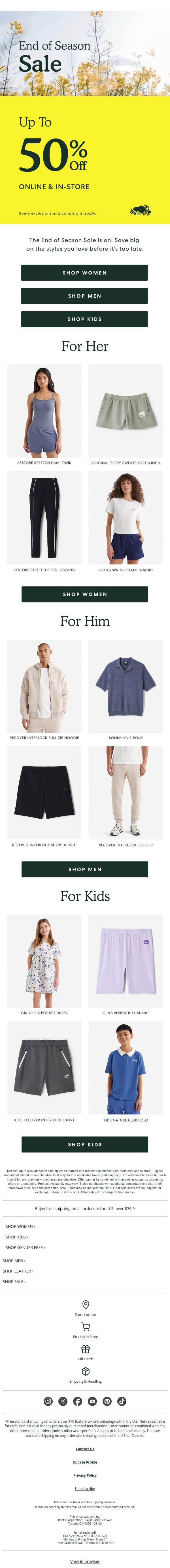 On Now: The End of Season Sale email from Roots screenshot