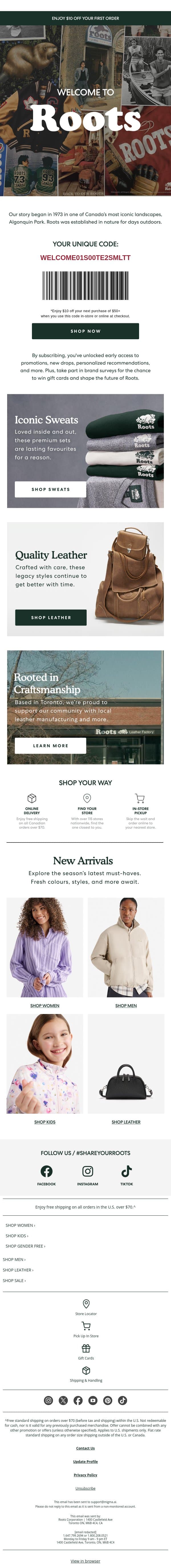 Welcome to Roots! 🦫 email from Roots screenshot