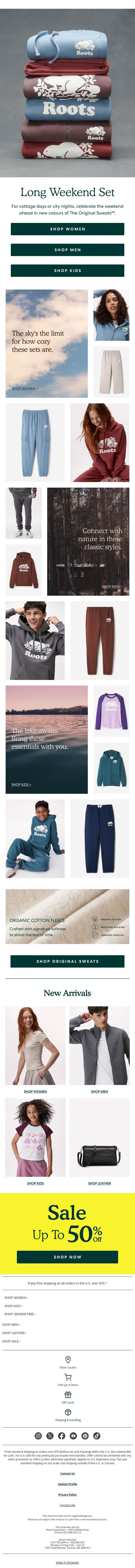 Upcoming Long Weekend ✅ The Original Sweats™ ✅ email from Roots screenshot