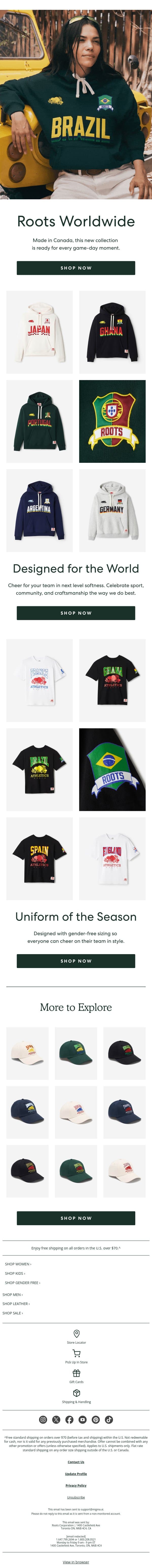 Made in Canada, Designed for the World 🇨🇦🌎 email from Roots screenshot