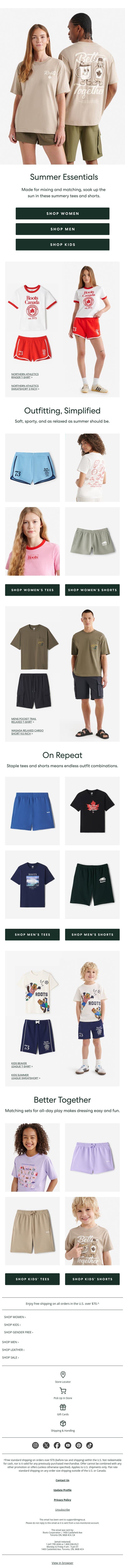 Warm Weather Approved Tees & Shorts 👕🩳 email from Roots screenshot