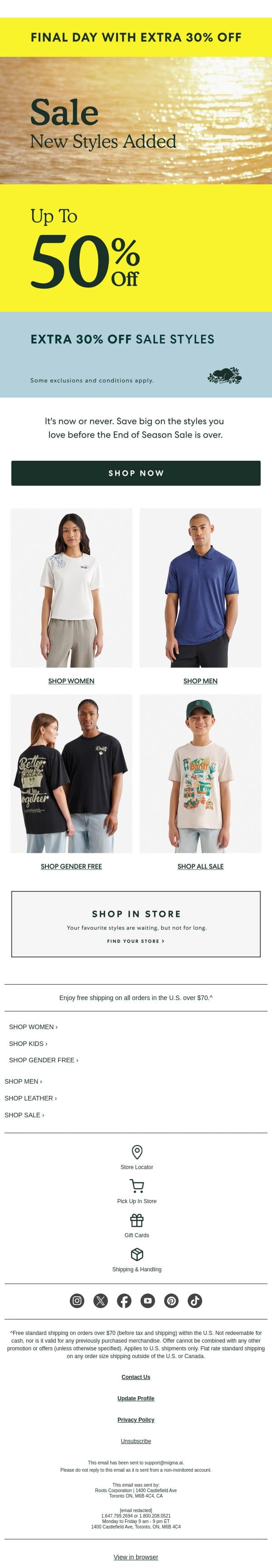 FINAL DAY for EXTRA 30% OFF 🚨 email from Roots screenshot