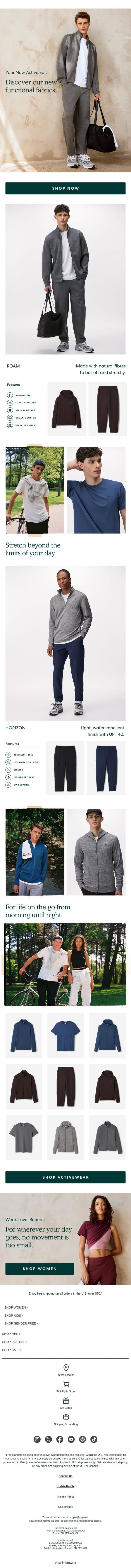 Men's Activewear Fabrics, Explained email from Roots screenshot