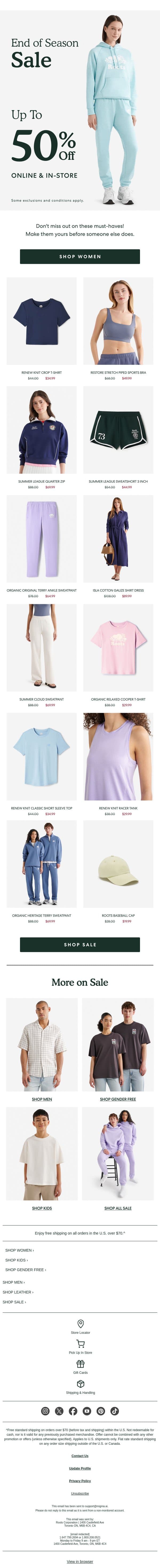 Bestsellers for Women, Now on Sale email from Roots screenshot