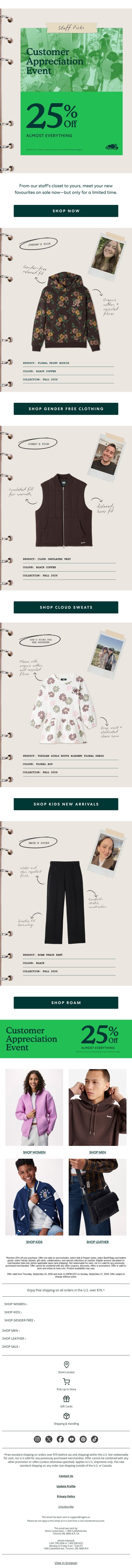 Our Staff Picks, All 25% OFF email from Roots screenshot