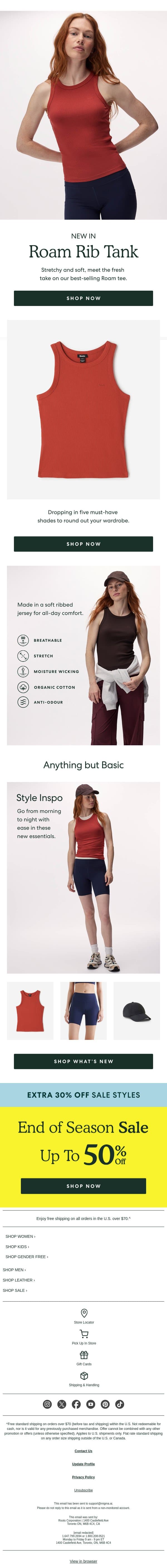 Introducing the NEW Roam Rib Tank email from Roots screenshot